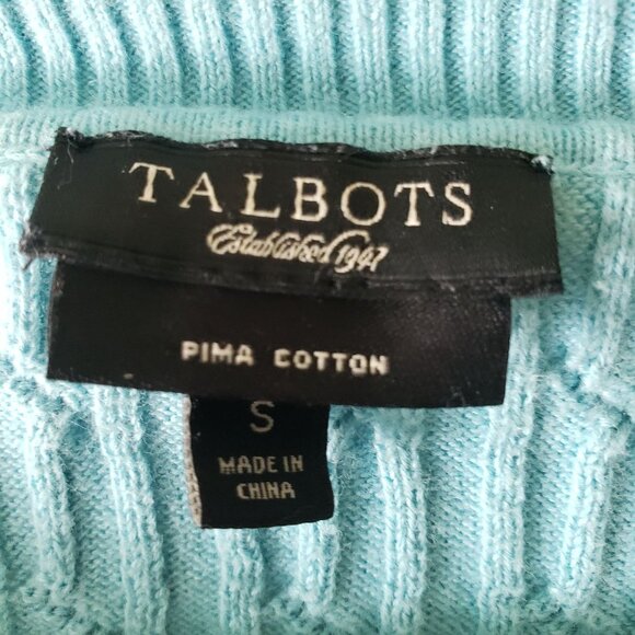 Talbots Womens Sweater Small Aqua Blue Pima Cotton Cable Knit Long Sleeve EUC - Picture 4 of 7